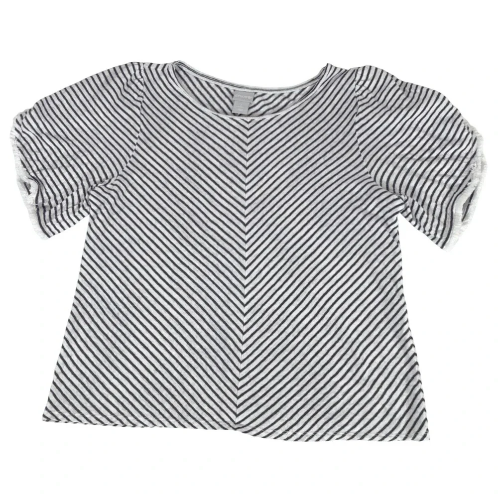 Chicos Blouse Size 2 or Large‎ Black White Stripe Puff Sleeve Frayed Fringe Hem